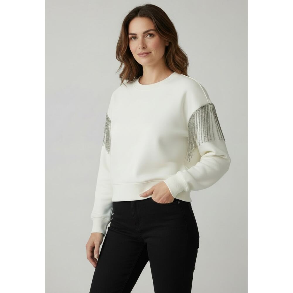 Intermix Embellished Fringe Sweatshirt Cream Petite‎